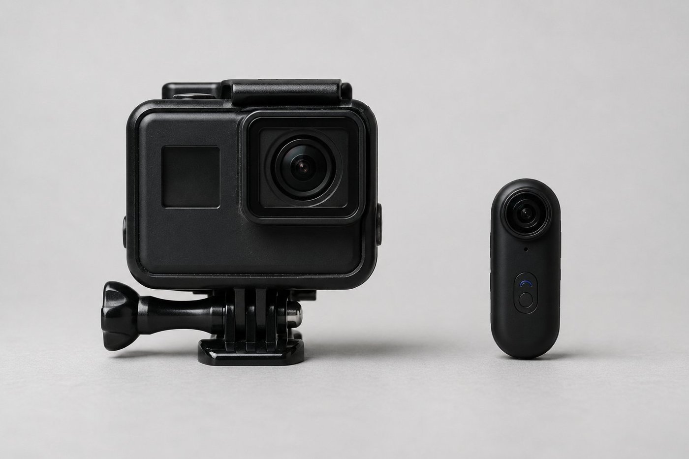 A bulky action camera in a mounting frame next to the thumb-sized Treklon 4S