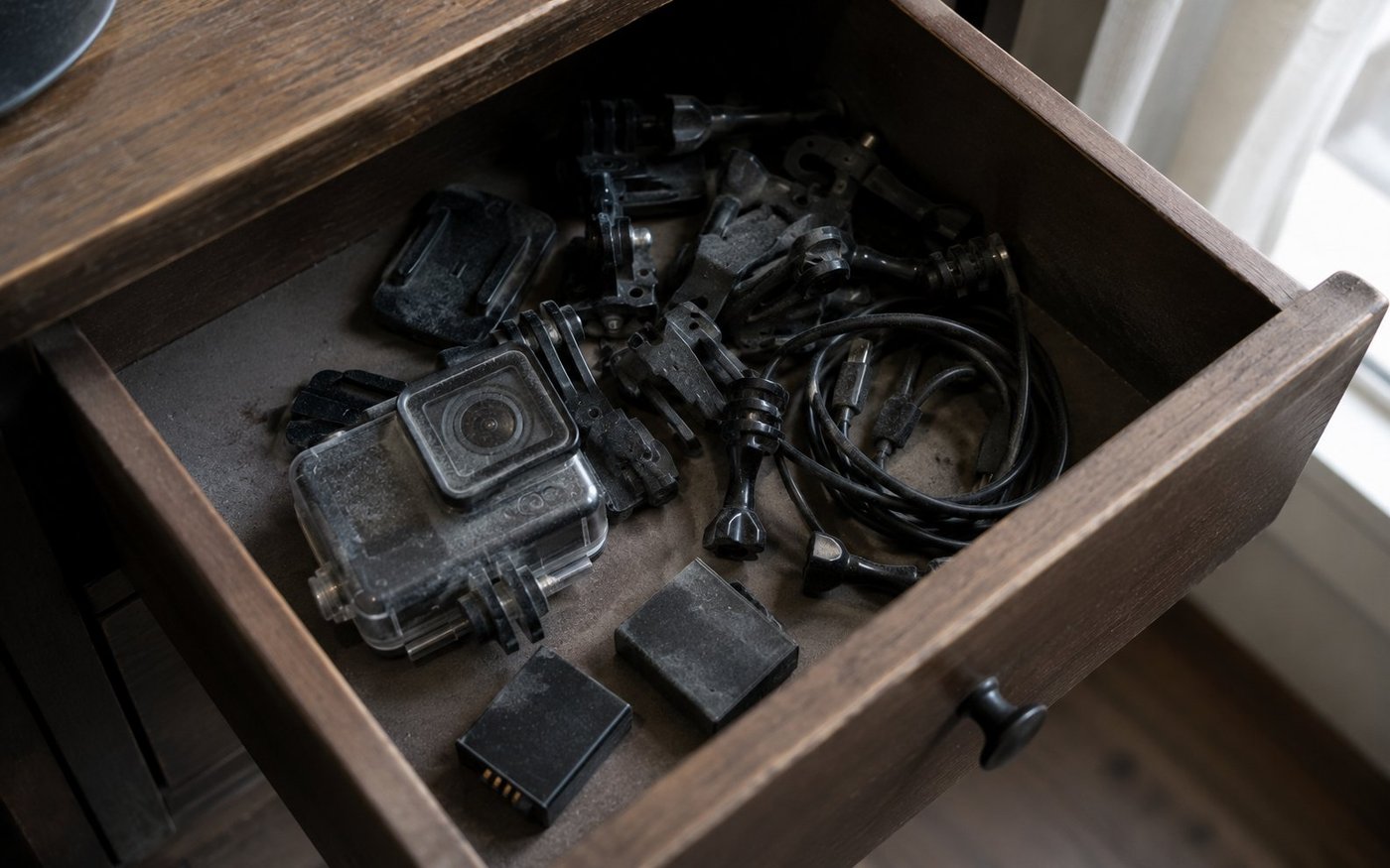A drawer of abandoned action camera gear gathering dust